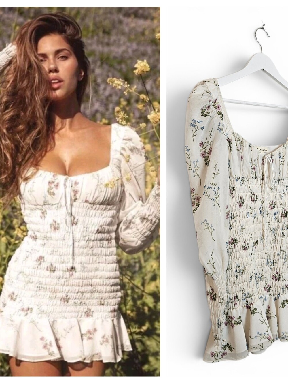 For Love & Lemons Dress XS Dixon Mini Smocked Prairie Floral Ivory Puff Cottage
